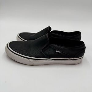 Vans Women Classic Slip On Black White Perforated Leather Skate Shoe Size 8.5 US